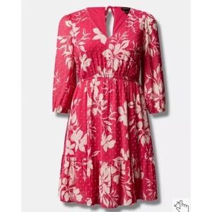 Torrid Plus Size 3 Hot Pink Clip Dot Tropical Floral‎ Mini Babydoll V Neck Dress